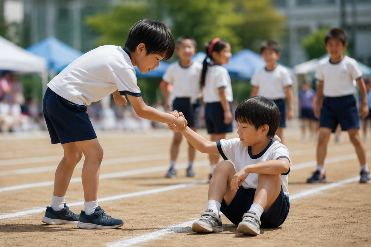 ▲운동장에서 친구를 일으켜주는 아이. (사진=챗GPT AI 생성)