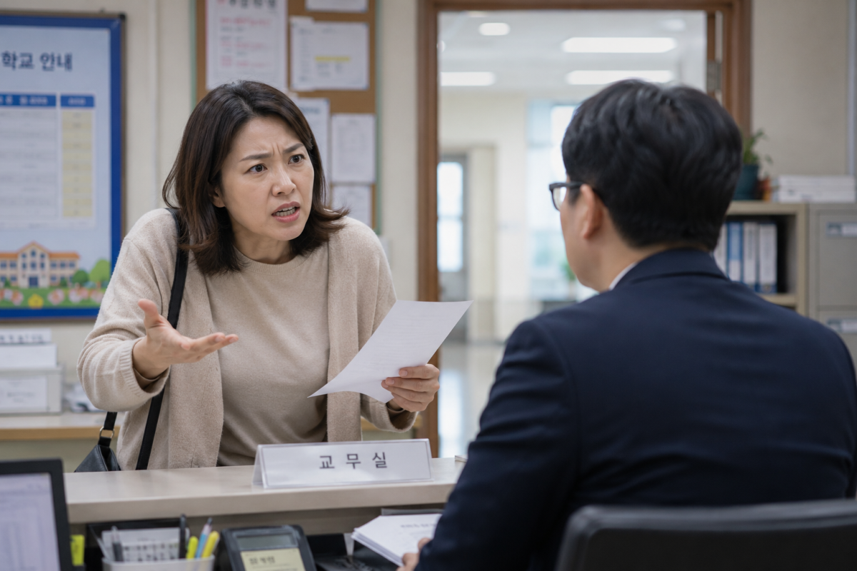 ▲학교 행정실에서 민원을 제기하는 학부모의 모습. (사진=챗GPT AI 생성)