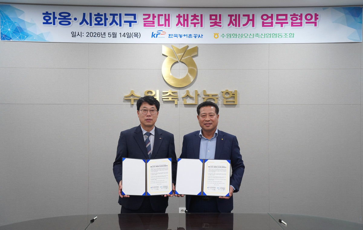 ▲이창훈 한국농어촌공사 화안사업단장(왼쪽)과 장주익 수원축산농협 조합장(오른쪽)이 14일 수원축산농협에서 화옹·시화지구 갈대 채취 및 제거 업무협약을 체결한 뒤 협약서를 들어 보이고 있다. (수원축산농)