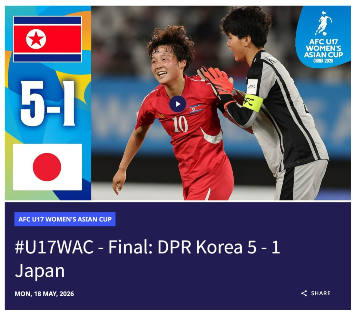▲북한 U-17 여자 축구, 일본 5-1 대파하고 아시안컵 2연패…통산 5회 우승 (출처=AFC 홈페이지 캡처)