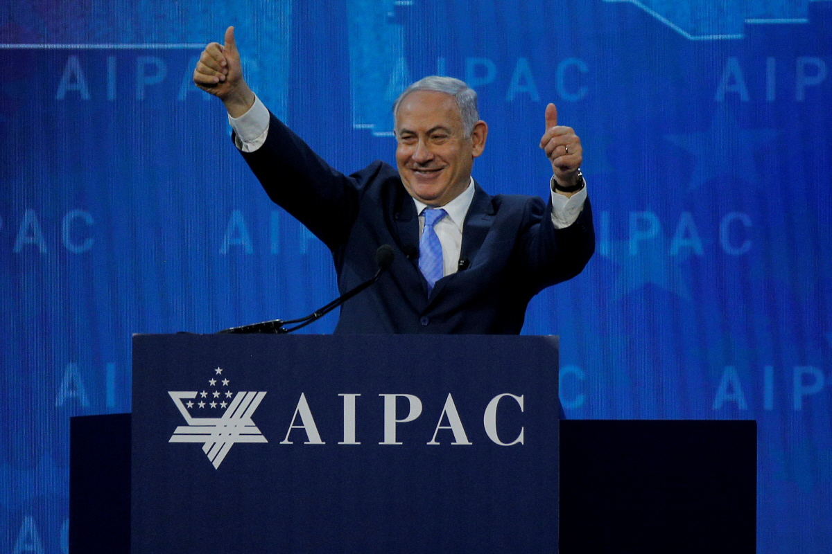 ▲베냐민 네타냐후 이스라엘 총리가 3월 6일 미국·이스라엘 공공문제위원회(AIPAC) 콘퍼런스에 참여하고 있다. (워싱턴D.C./로이터연합뉴스)