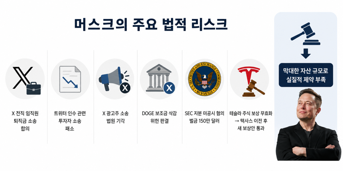 ▲일론 머스크 테슬라 최고경영자(CEO)의 주요 법적 리스크. (AI 기반 편집 이미지)