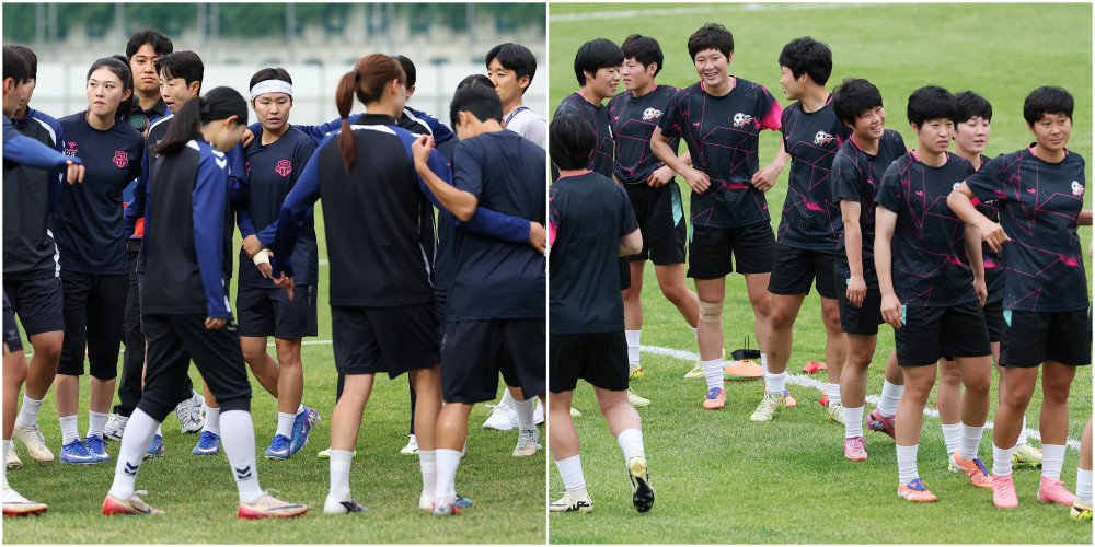 ▲아시아축구연맹(AFC) 여자 챔피언스리그(AWCL) 4강 토너먼트에 출전하는 수원FC 위민과 내고향여자축구단 선수들이 19일 수원 팔달구 수원월드컵경기장 보조경기장에서 훈련했다.    왼쪽 사진은 훈련하는 수원FC 위민 선수들, 오른쪽은 훈련하는 내고향축구단 선수들. (연합뉴스)