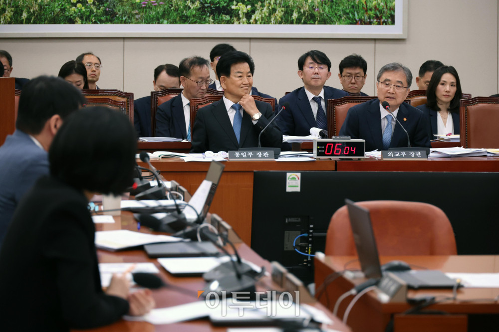 ▲조현 외교부 장관이 20일 서울 여의도 국회에서 열린 외교통일위원회 전체회의에서 의원 질의에 답하고 있다. 왼쪽은 정동영 통일부 장관. 고이란 기자 photoeran@