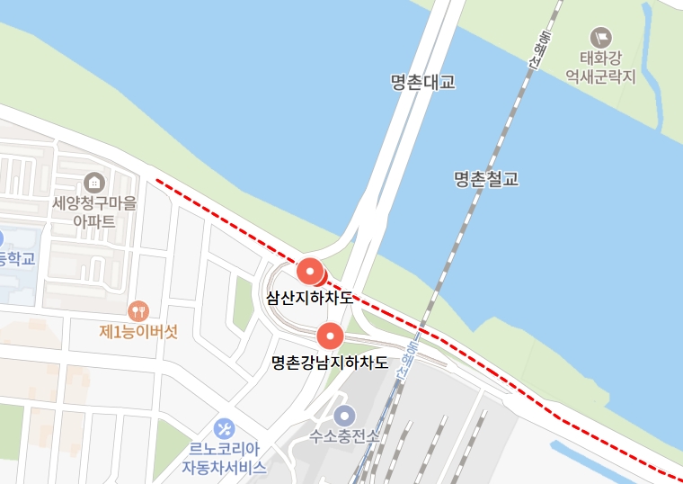 ▲[속보] 울산 삼산지하차도 침수…양방향 도로 통제 안전재난문자 발송 (출처=네이버 지도 캡처)