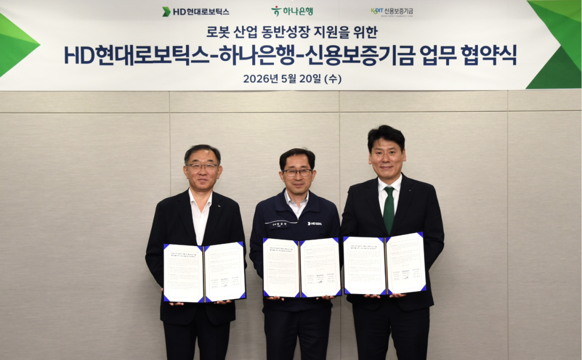▲HD현대로보틱스가 20일 대구 본사에서 하나은행, 신용보증기금과 ‘차세대 로봇 솔루션 개발 및 해외시장 진출 활성화를 위한 상생 금융지원 업무협약(MOU)’를 체결했다. 왼쪽부터 채병호 신용보증기금 이사, 박종찬 HD현대로보틱스 생산지원 부문장, 천병주 하나은행 종로영업본부 지역대표 본부장. (사진제공=HD현대로보틱스)