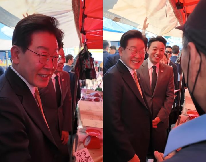 ▲성남 모란시장의 한 상인이 이재명 대통령에게 주식 투자 성공담을 전한 영상이 화제를 모으고 있다. (출처=유튜브 채널 '@이재명tv' 캡처)