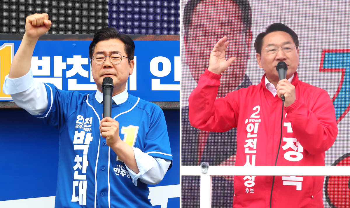 ▲6·3 지방선거 공식 선거운동 첫날인 21일 더불어민주당 박찬대 인천시장 후보와 국민의힘 유정복 인천시장 후보가 각각 열린 출정식에서 발언하고 있다. (사진=연합뉴스)
