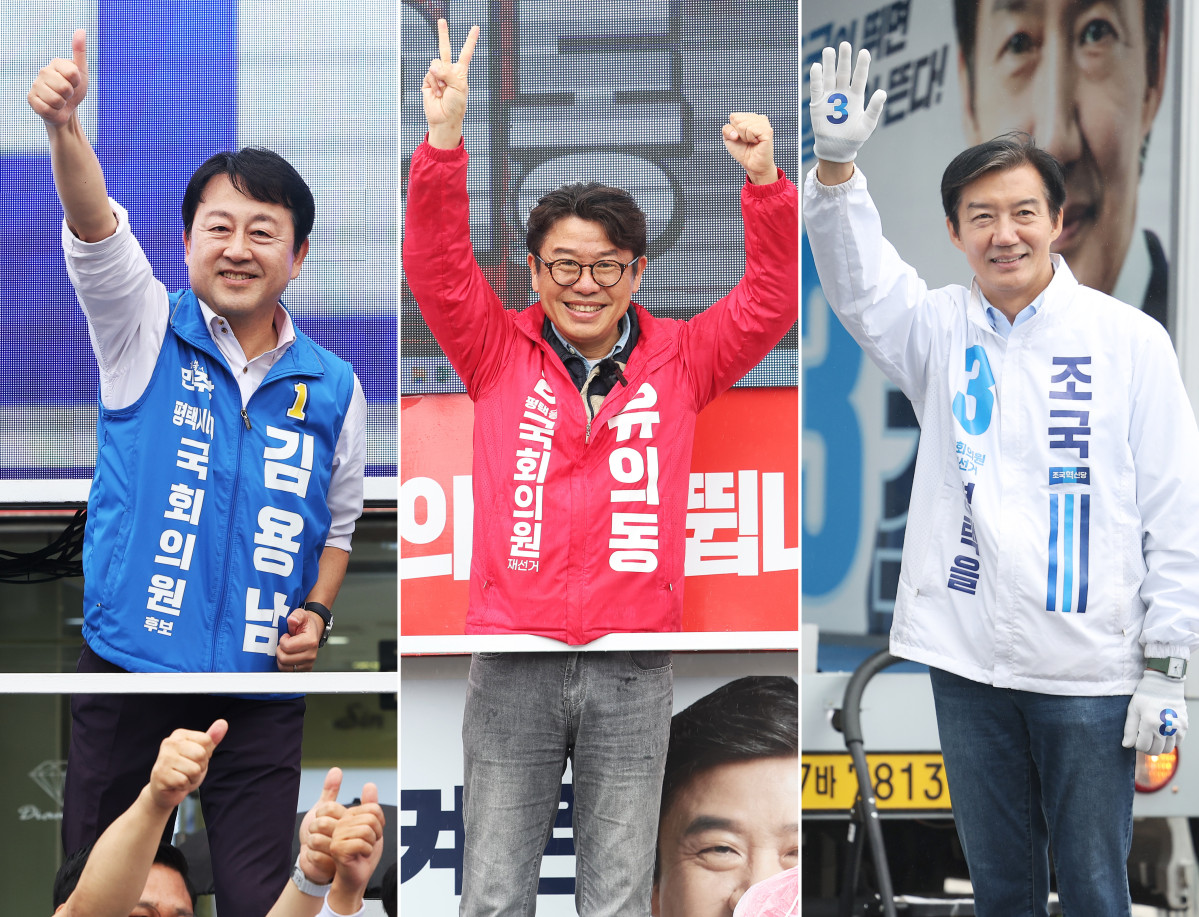 ▲경기 평택을 국회의원 재선거에 출마한 후보들이 21일 경기도 평택시 일대에서 지지를 호소하고 있다. 왼쪽부터 더불어민주당 김용남, 국민의힘 유의동, 조국혁신당 조국 후보의 모습 (사진=연합뉴스)
