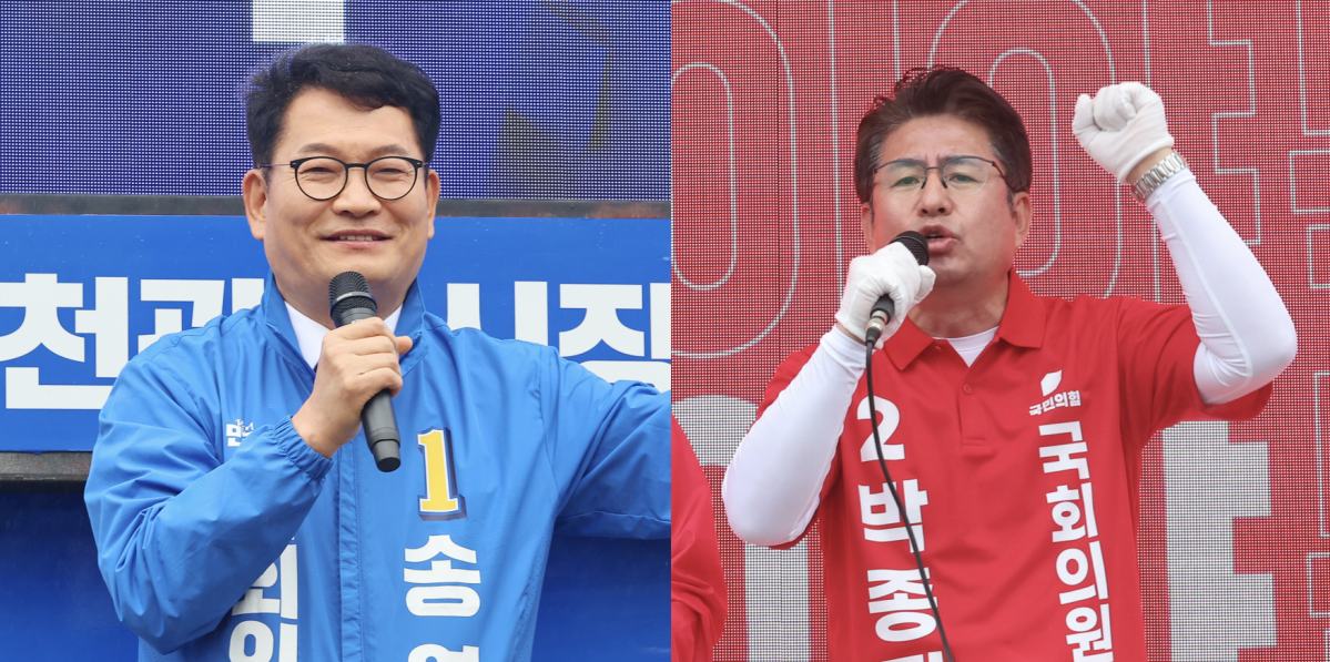 ▲6.3 선거 운동 첫날인 21일 유세 활동에 나선 연수갑 보궐선거 국회의원 후보인 송영길 더불어민주당 후보와 박종진 국민의힘 후보의 모습. (사진=연합뉴스)