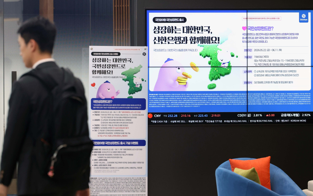 ▲국민 자금으로 반도체·이차전지 등 첨단전략산업에 투자하고 그 성과를 함께 나누는 ‘국민참여형 국민성장펀드’ 출시를 하루 앞둔 21일 서울 중구 신한은행 본점 영업부에 관련 안내문이 게시돼 있다. 올해 국민 대상 모금액은 총 6000억원 규모로, 6월 11일까지 3주간 선착순 판매된다. 주요은행 10개사와 증권사 15개사 영업점을 직접 방문하거나 온라인으로 신청할 수 있다. 투자한도는 전용계좌 기준 1인당 연간 1억원, 5년간 최대 2억원이다. 국민성장펀드는 국민 돈을 모아 여러 운용사에 나눠 투자하는 방식으로 설계됐는데, 각 자펀드에서 손실이 발생했을 때 정부 재정이 20% 범위 안에서 먼저 손실을 부담한다. 전용계좌로 가입해 3년간 유지하면 최대 40% 소득공제 등 세제혜택을 받을 수 있다. 신태현 기자 holjjak@