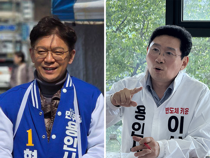 ▲6·3 지방선거 용인특례시장 선거에 출마한 현근택 더불어민주당 후보(왼쪽)와 이상일 국민의힘 후보(오른쪽)가 21일 각각 출정식을 열고 13일간의 공식 선거운동에 돌입했다. (각 후보 선거캠프)
