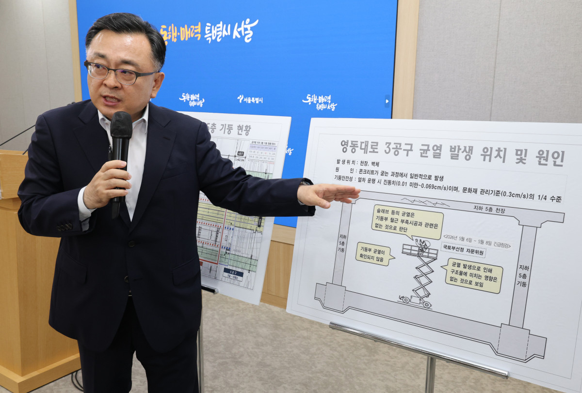 ▲김성보 서울시장 권한대행이 25일 서울시청에서 브리핑을 열고 GTX-A 노선 철근 누락이 밝혀진 영동대로 복합개발 3공구 건설공사와 관련해 설명하고 있다. (사진제공=연합뉴스)