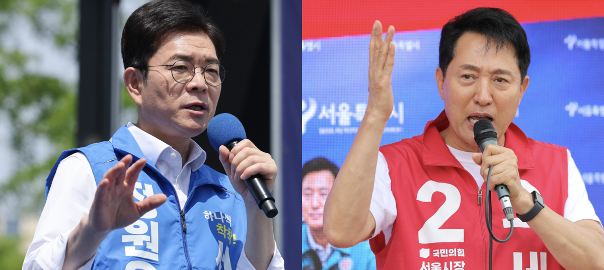 ▲25일 (왼쪽)정원오 더불어민주당 서울시장 후보가 25일 서울 강서구 마곡나루역 앞에서 유세를 하고 있는 한편, 오세훈 국민의힘 서울시장 후보는 서울 도봉구 홈플러스 방학점 앞 사거리에서 유권자들을 만나고 있다. (사진=연합뉴스)