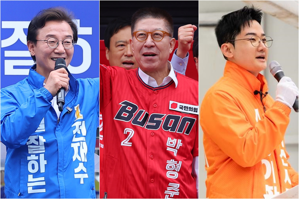 ▲(왼쪽부터)전재수 더불어민주당, 박형준 국민의힘, 정이한 개혁신당 부산시장 후보. (연합뉴스)