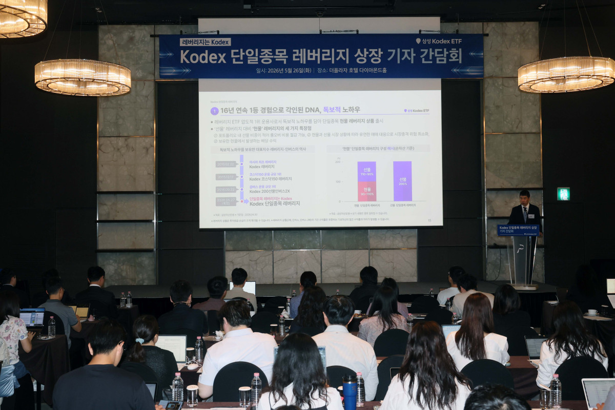▲임태혁 삼성자산운용 ETF운용본부장이 26일 서울 중구 더플라자호텔에서 열린 ‘KODEX 단일종목 레버리지 상장 기자간담회’에서 상품을 소개하고 있다. 이 자리에선 삼성전자와 SK하이닉스의 일간 수익률을 2배로 추종하는 ‘KODEX 삼성전자단일종목레버리지’와 ‘KODEX SK하이닉스단일종목레버리지’의 운용전략과 투자 활용법, 변동성 확대와 손실 위험에 대한 투자자 유의사항 등이 소개됐다. 두 상품은 27일 유가증권시장에 상장된다. 신태현 기자 holjjak@