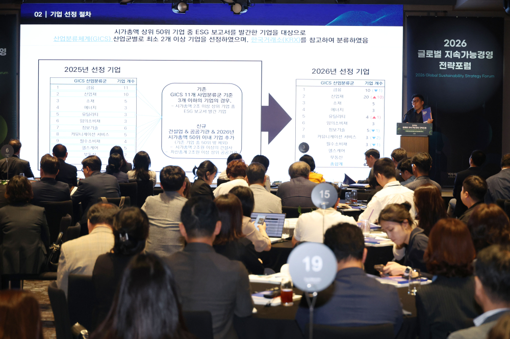 ▲송영근 서울대 환경대학원 교수가 27일 서울 강남구 웨스틴 서울 파르나스 호텔에서 열린 '2026 글로벌 지속가능경영전략포럼'에서 LEAP & 의사결정 사례와 지속가능 보고서 평가를 주제로 발표하고 있다. 글로벌 지속가능경영전략포럼은 '자연–금융–공시–검증'으로 이어지는 지속가능성 전환의 흐름을 한 자리에서 점검하고, 기업과 금융권의 실행 전략을 구체화하는 자리다. 고이란 기자 photoeran@ (이투데이DB)