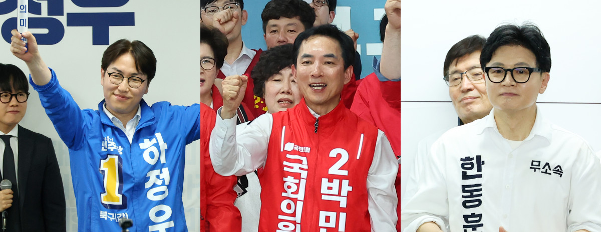 ▲부산 북구갑 보궐선거에 출마한 더불어민주당 하정우(왼쪽부터), 국민의힘 박민식, 무소속 한동훈 후보가 10일 각각 선거사무소 개소식을 열고 있다. (연합뉴스)