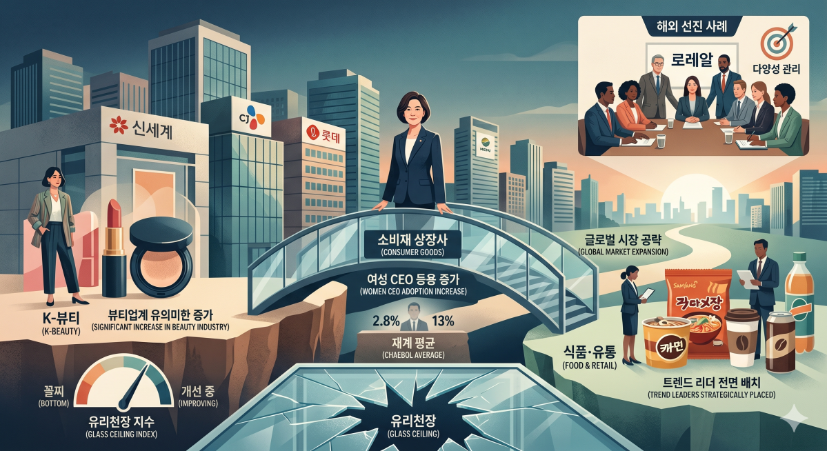 ▲한국 소비재 기업 유리천장, 여성 CEO 비중 (Gemini AI 생성 이미지)