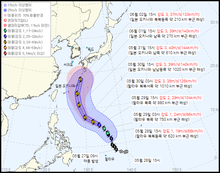 ▲제6호 태풍 장미 예상 경로 (출처=기상청 날씨누리)
