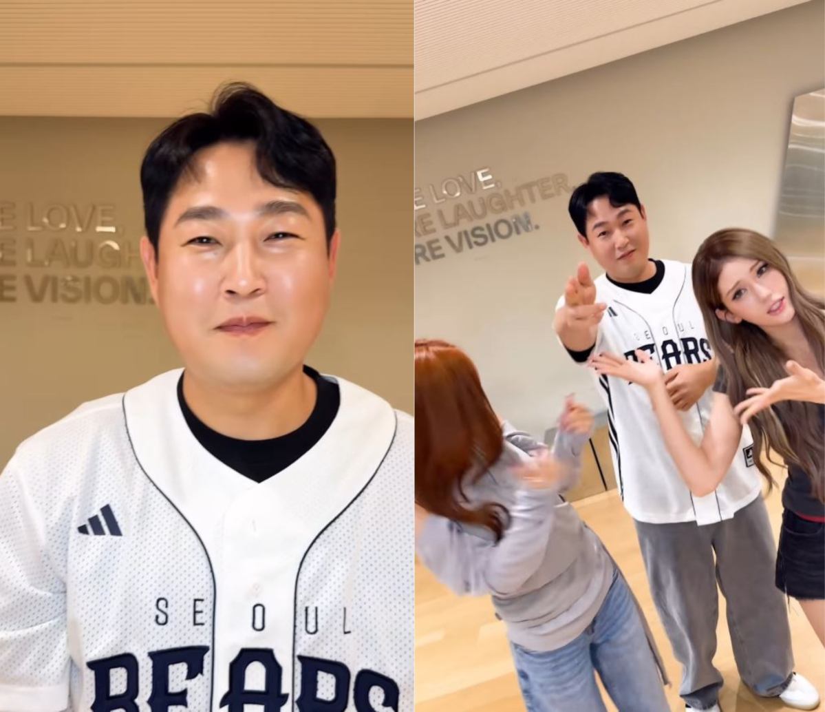 ▲두산 베어스 양의지 선수가 그룹 아이오아이(I.O.I) 멤버 전소미, 청하와 함께 챌린지 영상을 촬영하고 있다. (출처='@ioi_10th' 인스타그램 캡처)