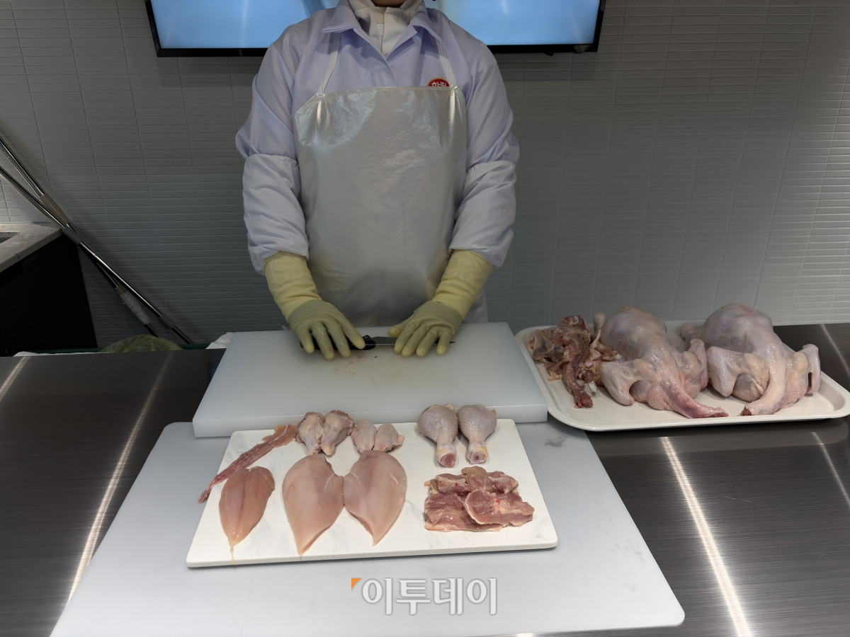 ▲하림 닭고기종합처리센터에서는 닭고기 발골 시범을 보고 당일 생산된 닭고기를 맛볼 수 있다. (황민주 기자 minchu@)