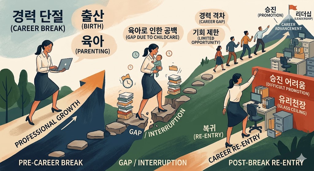 ▲출산, 육아, 경력단절 등 여성의 승진을 위한 단계를 표현한 일러스트 (Gemini  AI 생성 이미지)
