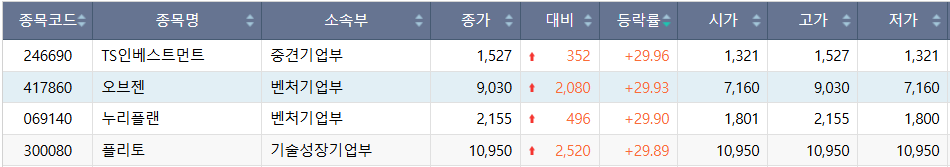 ▲29일 코스닥 시장 상한가 종목. (출처=한국거래소)