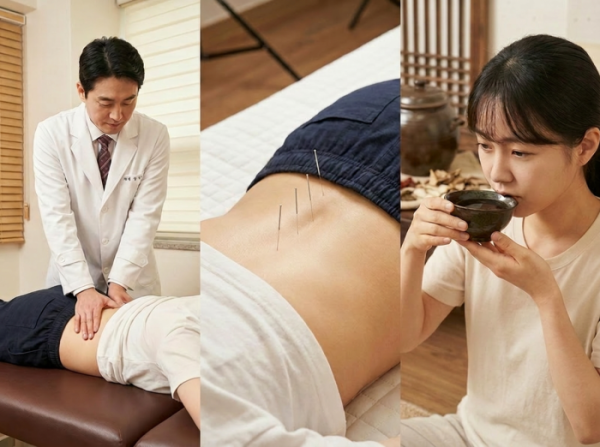 ▲한의통합치료를 받고 있는 허리디스크 환자 한약을 복용하고 있다(이미지=AI 생성)(자생한방병원)