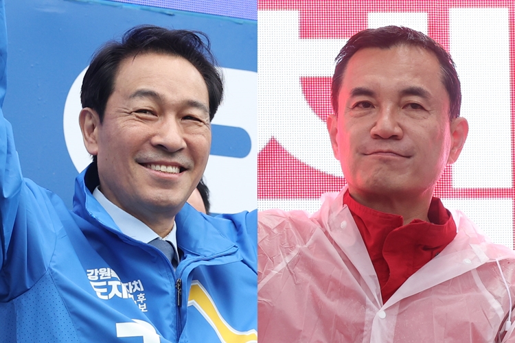 ▲더불어민주당 강원도지사 우상호 후보(왼쪽)와 국민의힘 강원도지사 김진태 후보. (연합뉴스)