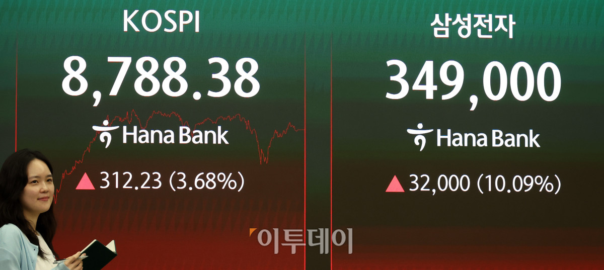 ▲코스피 지수가 전장보다 312.23포인트(3.68%) 오른 8788.38에 거래를 마치며 종가 기준 사상 최고치를 경신한 1일 서울 중구 하나은행 딜링룸에서 딜러가 미소짓고 있다. 고이란 기자 photoeran@