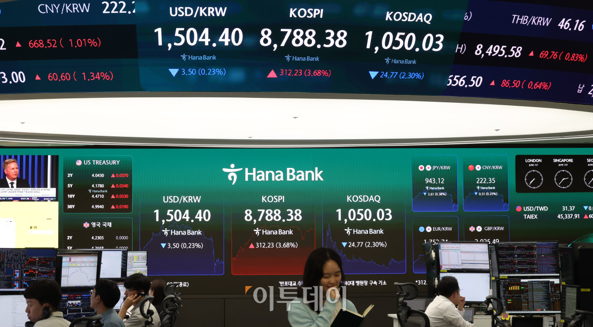 ▲코스피 지수가 전장보다 312.23포인트(3.68%) 오른 8788.38에 거래를 마치며 종가 기준 사상 최고치를 경신한 1일 서울 중구 하나은행 딜링룸에서 딜러가 미소짓고 있다. 고이란 기자 photoeran@
