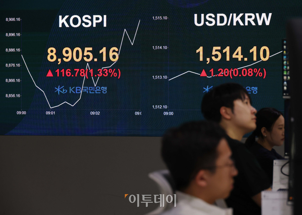 ▲2일 서울 여의도 KB국민은행 딜링룸 전광판에 코스피 지수가 장 초반 8900을 넘어서며 상승 출발한 이후 등락을 거듭하고 있다. 코스닥 지수는 전 거래일보다 0.49% 내린 1044.89에 출발했으며 서울 외환시장에서 원·달러 환율은 전 거래일보다 7.7원 오른 1512.0원에 개장했다. 고이란 기자 photoeran@