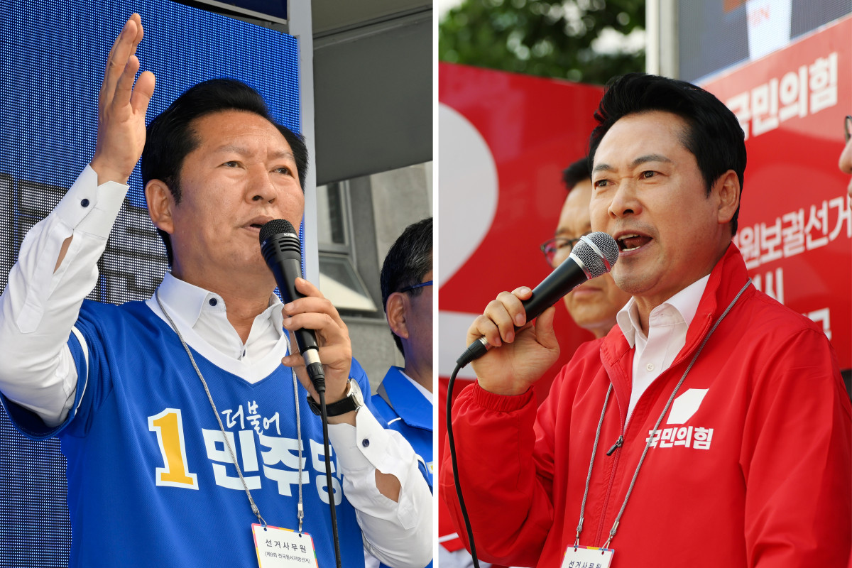 ▲정청래 더불어민주당 총괄상임선거대책위원장과 장동혁 국민의힘 상임선거대책위원장이 24일 각각 전남지역과 인천지역에서 유세 활동을 이어갔다. 사진은 정청래 위원장이 전남 담양시장에서, 장동혁 위원장이 인천 연수 옥련시장에서 유세를 하는 모습. (사진=뉴시스)