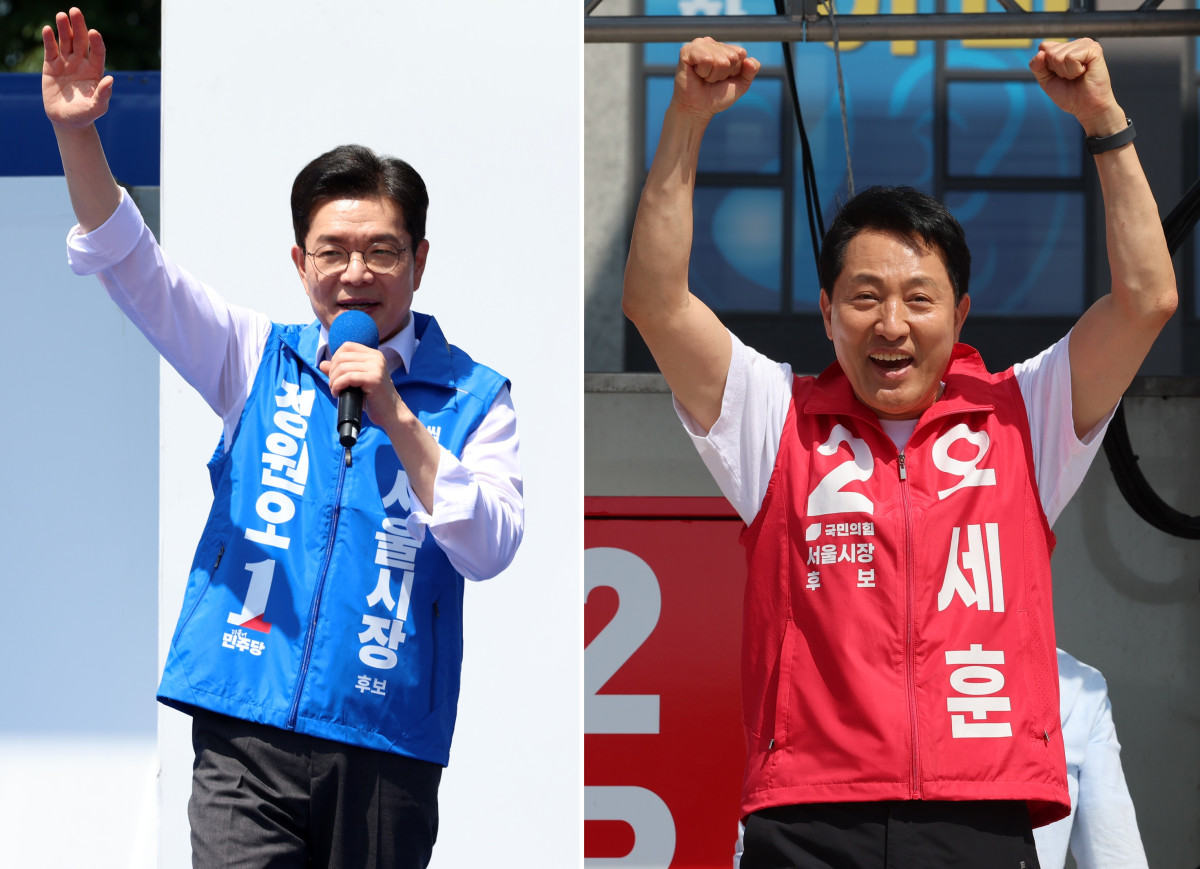 ▲정원오 더불어민주당 서울시장 후보와 오세훈 국민의힘 서울시장 후보가 24일 선거운동 시작 후 첫 주말을 맞아 유세를 이어갔다. 사진은 정원오 후보가 서울 광진구 어린이대공원에서, 오세훈 후보가 서울 강동구 둔촌동역 사거리에서 유세를 하는 모습. (사진=뉴시스)