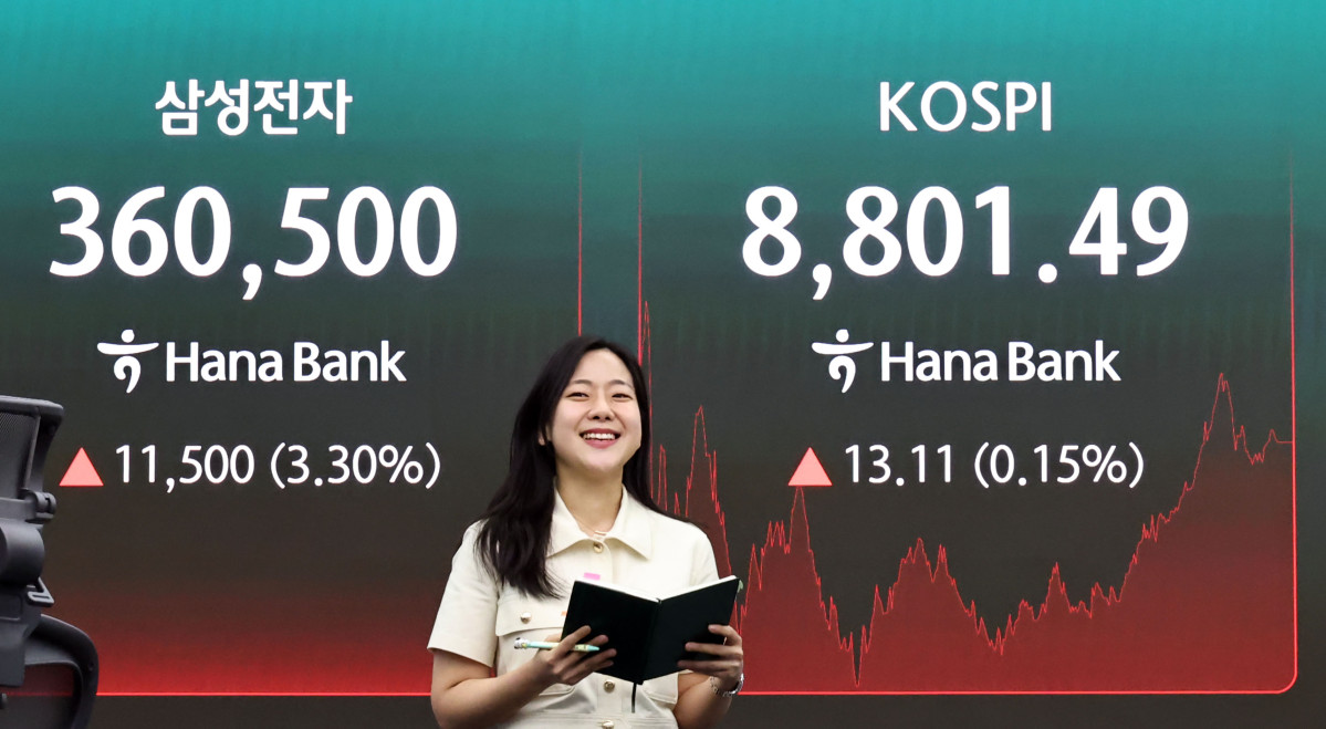 ▲2일 서울 중구 하나은행 딜링룸 현황판에 코스피 등이 표시되고 있다. 이날 코스피는 전 거래일 대비 13.11포인트(0.15%) 오른 8,801.49에 장을 마감했다. (출처=연합뉴스)