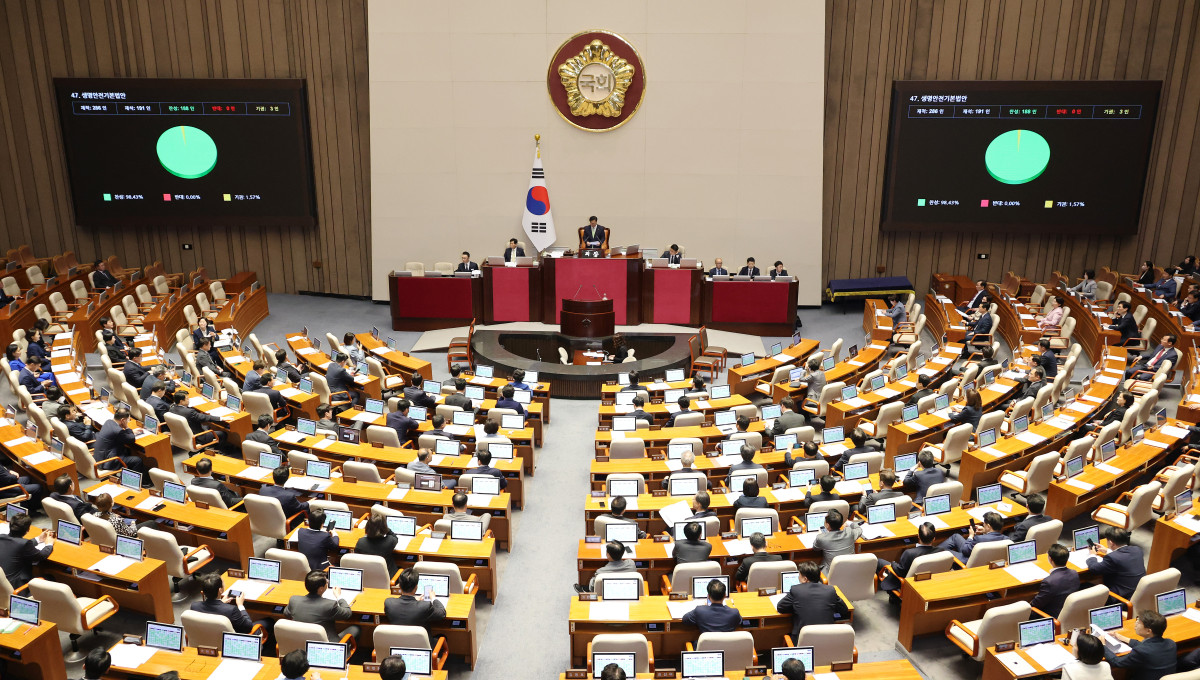 ▲지난 7일 국회에서 열린 5월 임시국회 제1차 본회의에서 생명안전기본법안이 가결되고 있다. 사진=연합뉴스