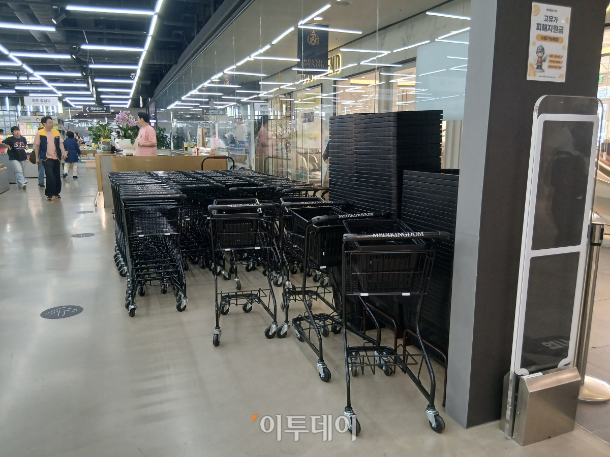 ▲서울 용산구 전자랜드 신관 1층에 위치한 창고형 약국 ‘메디킹덤’ 입구 앞에 손님들이 이용할 카트와 장바구니가 정리돼 있다. (한성주 기자 hsj@)