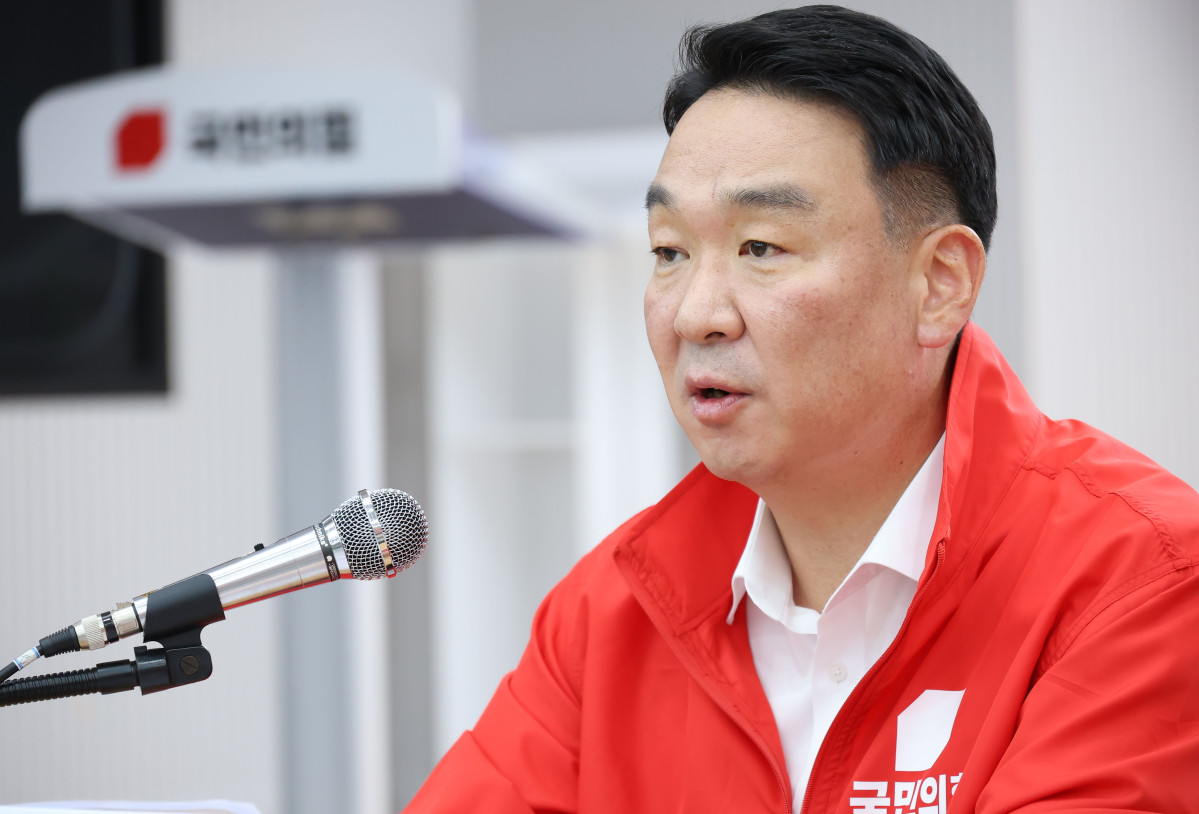 ▲6·3 지방선거-재보선 사전 투표를 하루 앞둔 28일 정희용 국민의힘 선거대책본부장이 서울 여의도 중앙당사에서 기자회견을 하고 있다 (연합뉴스)
