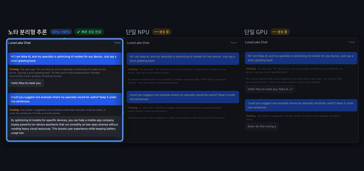 ▲노타의 분리형 추론(Disaggregated Inference)을 적용한 AI PC에서 동일한 LLM에 같은 입력을 준 실행 화면. 왼쪽 노타 분리형 추론(GPU+NPU)이 응답을 완료한 반면, 단일 NPU·단일 GPU는 아직 생성 중이다. (사진제공=노타)