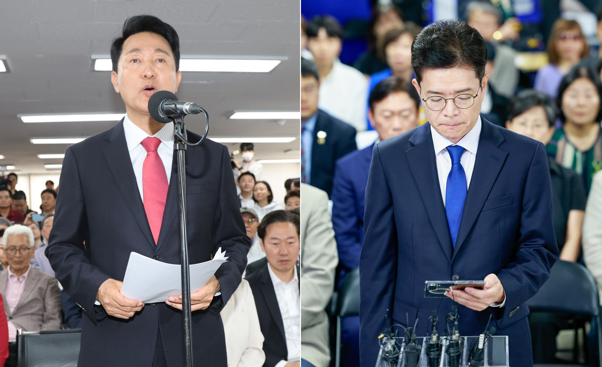 ▲오세훈 국민의힘 서울시장 후보가 제9회 전국동시지방선거일 다음날인 4일 서울 종로구 대왕빌딩에 마련된 선거사무소에서 발언하고 있다. (사진 왼쪽), 정원오 더불어민주당 서울시장 후보가 4일 서울 중구 세종대로 캠프에서 제9회 전국동시지방선거 관련 입장을 밝히고 있다. (연합뉴스)