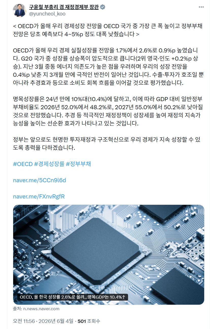 ▲구윤철 경제부총리 겸 재정경제부 장관의 X 발췌 (구윤철 경제부총리 겸 재정경제부 장관 X)