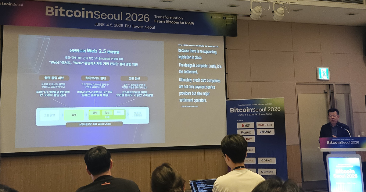 ▲남궁성 신한카드 페이먼트혁신실 본부장이 4일 서울 여의도 FKI타워에서 열린 ‘비트코인 서울 2026’에서 ‘Web 3.0 & Agentic Commerce 시대: 미래 페이먼트 시장 변화’를 주제로 발표하고 있다. (손기현 기자)