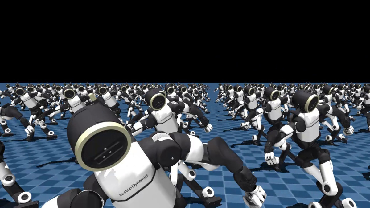 ▲시뮬레이션 환경에서 강화학습(Reinforcement Learning)을 통해 킥 동작을 수행하는 모습. (사진=현대차)