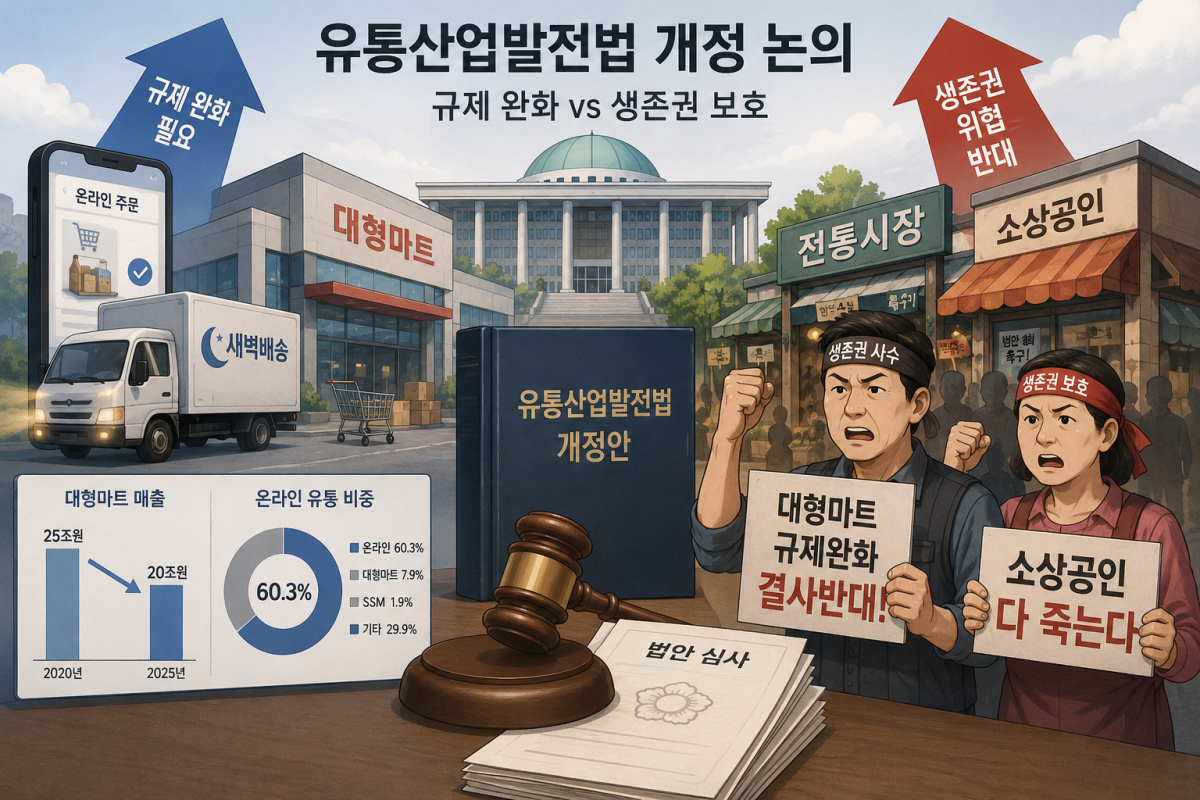 ▲유통산업발전법 개정안 관련 대형마트 VS 소상공인 이해 관계 충돌 (일러스트=ChatGPT AI 생성 이미지)