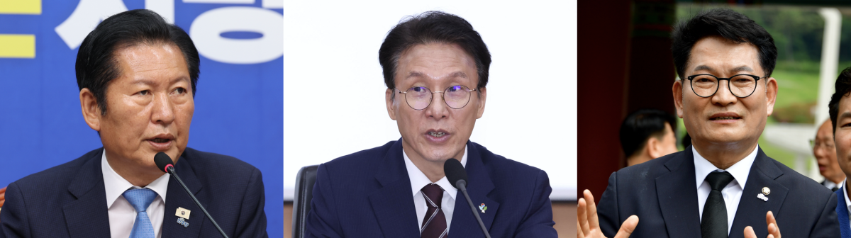 ▲(왼쪽부터) 정청래 더불어민주당 대표와 김민석 국무총리, 송영길 더불어민주당 의원의 모습.