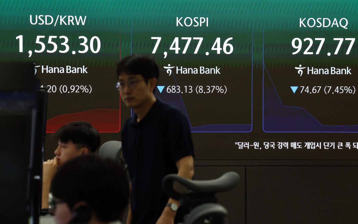 ▲급락장에 코스피 서킷 브레이커가 발동된 8일 서울 하나은행 본점 딜링룸에서 딜러들이 업무를 보고 있다. (사진= 연합뉴스)