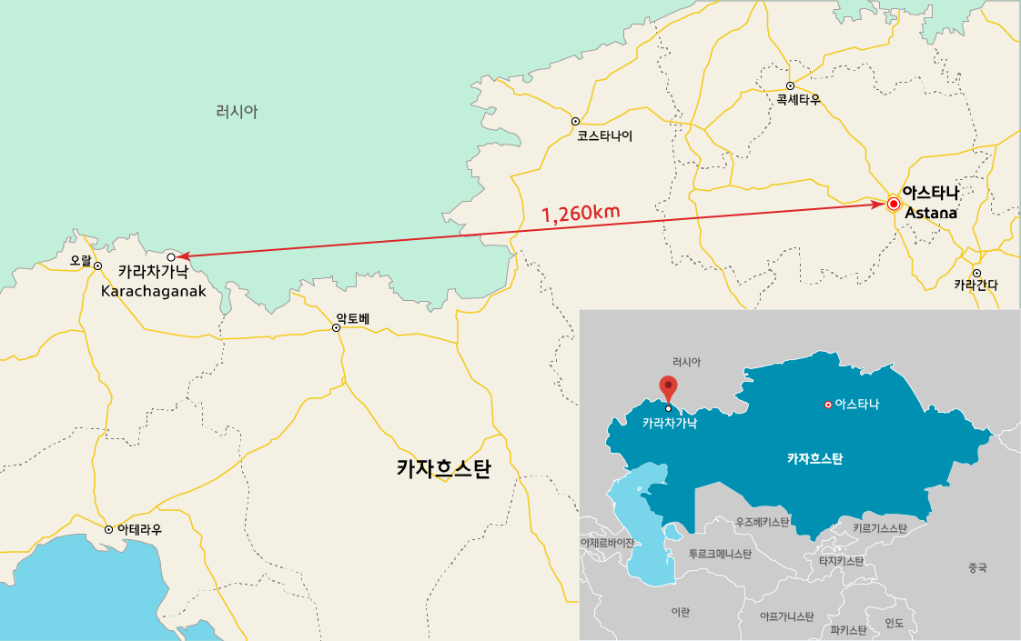 ▲카자흐스탄 수도 아스타나(Astana)에서 서쪽으로 약 1260km 떨어진 '카라차가낙 복합단지'에 위치한 '카라차가낙 가스처리시설' 사업지 위치. (사진제공=현대엔지니어링)