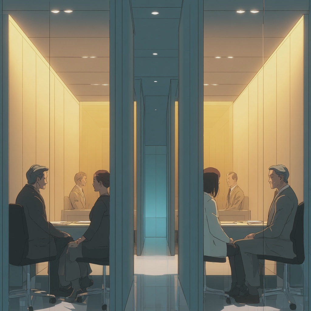 ▲생성형AI에게 신고인과 피신고인이 각각 완전히 분리돼서 전담 변호사와 상담하는 모습을 이미지로 구현해달라고 했다.
(AI 기반 편집 이미지) (미드저니)