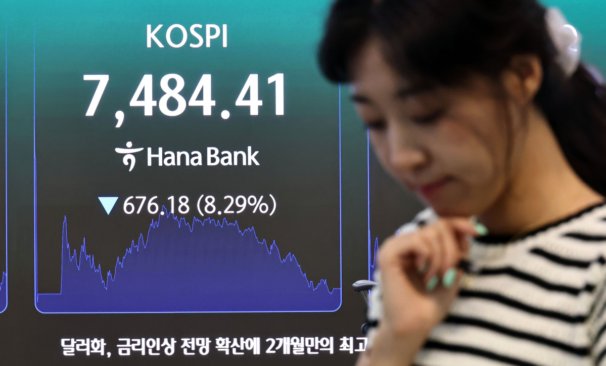 ▲8일 서울 중구 하나은행 딜링룸 현황판에 코스피 등이 표시되고 있다. 이날 코스피는 676.18포인트(8.29%) 내린 7,484.41에, 코스닥은 91.05포인트(9.08%) 내린 911.39에 장을 마감했다. (사진제공= 연합뉴스)
